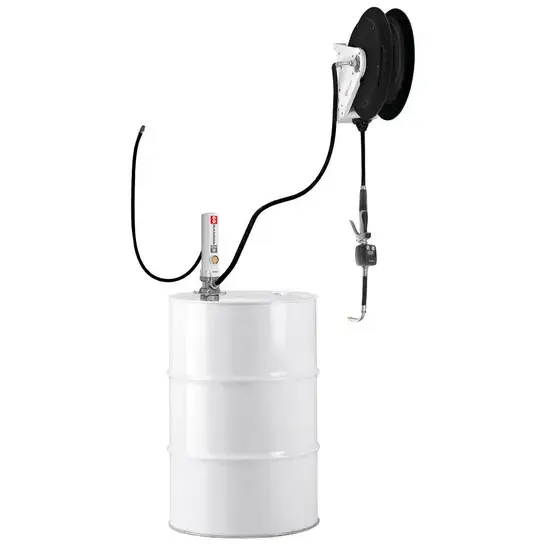 Samoa PumpMaster 2 - 3:1 pneumatische oliepompset voor 205 liter vaten - gemonteerd stationair pakket met RM-12S haspel