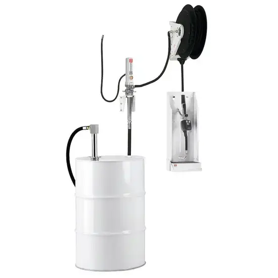 Samoa PumpMaster 2 - 3:1 pneumatische oliepompset voor 205 liter vaten - muurmontage stationair pakket met RM-12S haspel