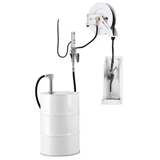 Samoa PumpMaster 2 - 3:1 pneumatische oliepompset voor 205 liter vaten - muurmontage stationair pakket met RM-12 haspel