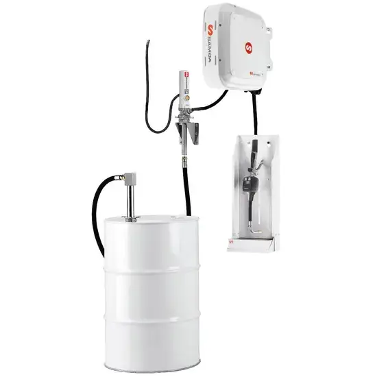 Samoa PumpMaster 2 - 3:1 pneumatische oliepompset voor 205 liter vaten - muurmontage stationair pakket met RM-12CL haspel