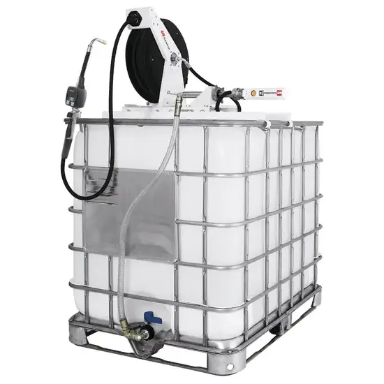 Samoa PumpMaster 2 - 3:1 pneumatische oliepompset voor 1.000 liter IBC tanks - boven gemonteerd stationair pakket met RM-12S haspel