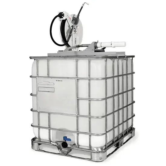 Samoa PumpMaster 2 - 3:1 pneumatische oliepompset voor 1.000 liter IBC tanks - boven gemonteerd stationair pakket met RM-12 haspel