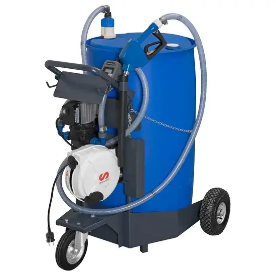 Samoa Solura series 230 V mobiele elektrische pompset voor AdBlue/DEF met automatische spuitmond, meter en kabelhaspel, 205 l vaten, 30 l/min